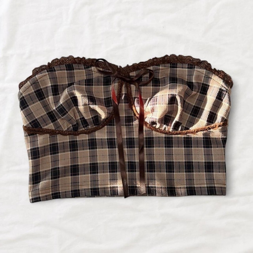 Plaid Lace Corset Top Brown Cream Black Strapless Dark Academia Size L